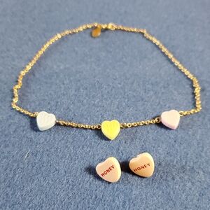 Avon Vintage 1970's Goldtone and Blue, Pink, Yellow CandyHeart Charm Jewelry Set